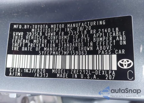 2021 Toyota Corolla Le from USA, damaged, VIN 5YFEPMAE7MP159063